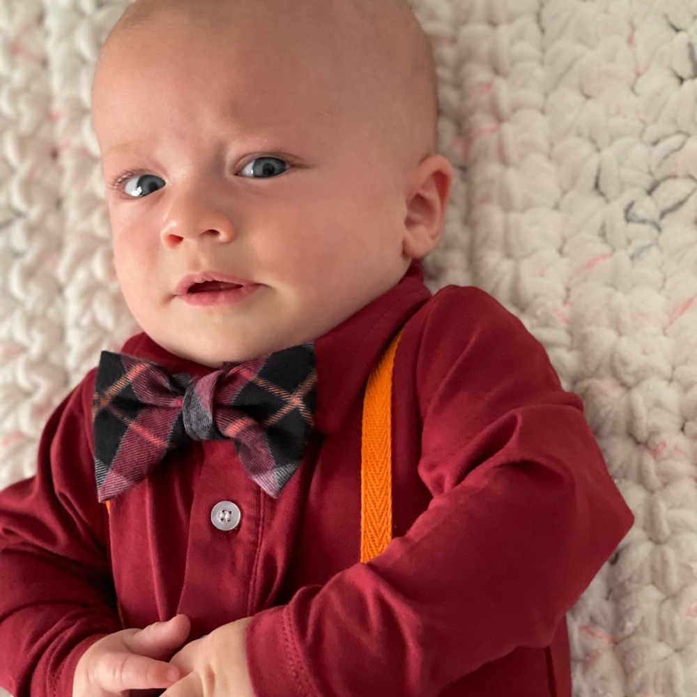 Andy and Evan 0-3 month formal wear! Onesie with suspenders & removable bow tie!